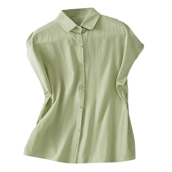 Jxximdong Button Down Shirts for Women, Pure Cotton Round Neck Loose Small Flying Sleeves Ladies Shirt, Green Women's Blouses