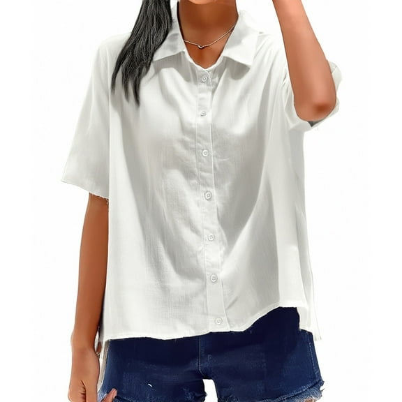 Jxximdong Button Down Shirts for Women, Solid Color Mid Sleeved Ladder Single Multi Button Ladies Shirt, White Women's Blouses