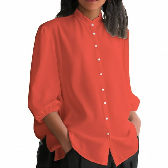 Jxximdong Button Down Shirts for Women, Summer Solid Color V Neck 3/4 Sleeve Shirts Casual Loose Fit Trendy Tops for Women, Orange Women's Blouses