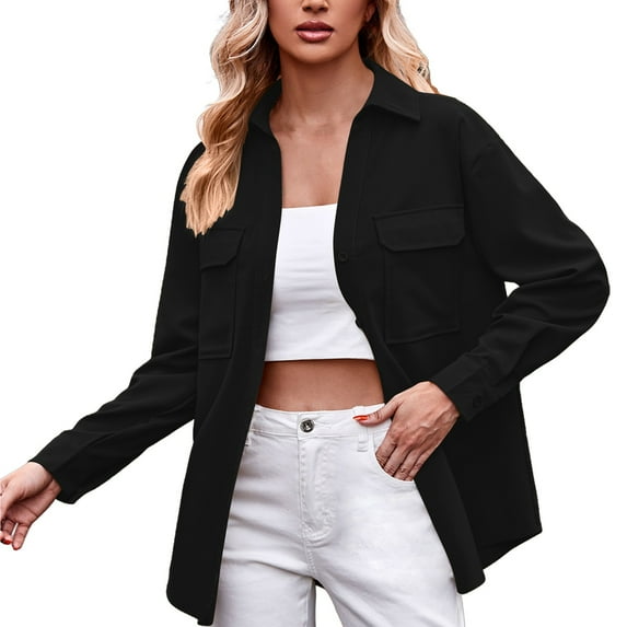 Jxximdong Button Down Shirts for Women, Women's Casual Fashion Double Pocket Loose Fitting Long Sleeved Solid Color Shirt, Black Women's Blouses