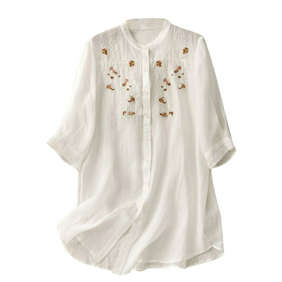 Jxximdong Button Down Shirts for Women, Women's Cotton New Oriental Loose Embroidered Tops Summer Mid Length 3/4 Sleeve Shirt, White Women's Blouses