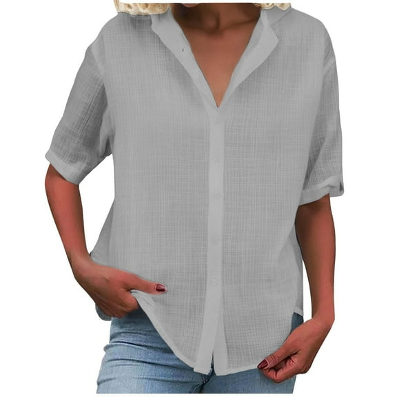 Jxximdong Button Down Shirts for Women, Womens Casual Button Down Short Sleeve Shirts Summer Fashion Cotton Linen Shirt Tops, Gray Women's Blouses