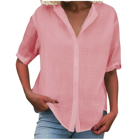 Jxximdong Button Down Shirts for Women, Womens Casual Button Down Short Sleeve Shirts Summer Fashion Cotton Linen Shirt Tops, Pink Women's Blouses