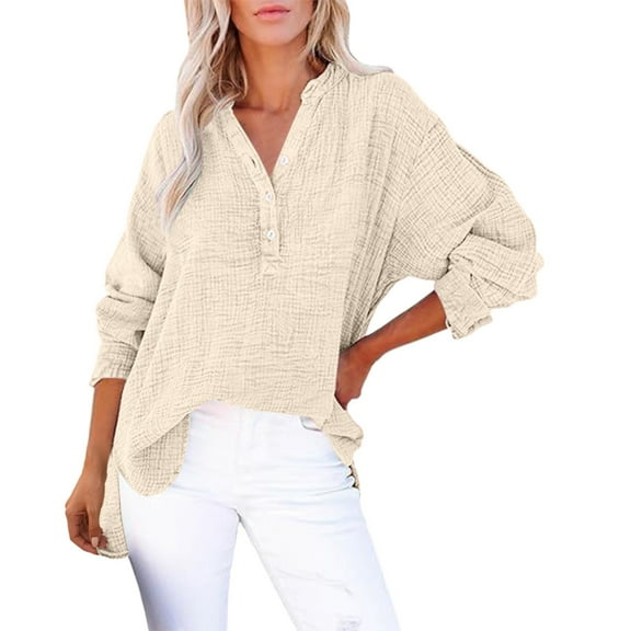 Jxximdong Button Down Shirts for Women, Womens Casual Button V Neck Long Sleeve Shirts Oversized Solid Blouses Tops, Beige Women's Blouses