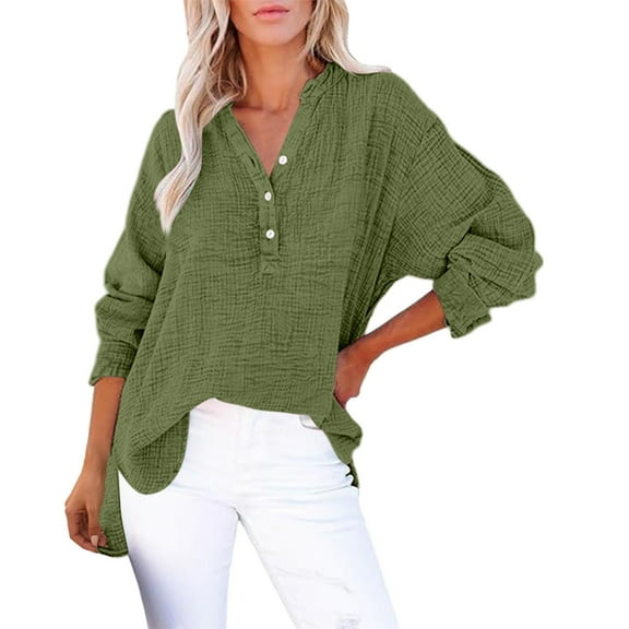 Jxximdong Button Down Shirts for Women, Womens Casual Button V Neck Long Sleeve Shirts Oversized Solid Blouses Tops, Green Women's Blouses