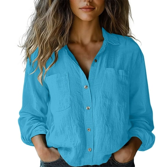 Jxximdong Button Up Shirts Women Cotton Linen Down Shirt Casual Long Sleeve Solid Color Shirts Loose Work Tops With Pockets Blue Spring Tops XXXL