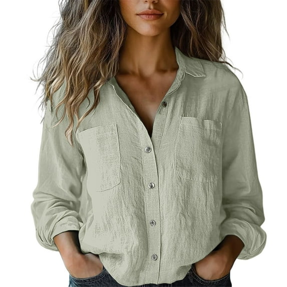 Jxximdong Button Up Shirts Women Cotton Linen Down Shirt Casual Long Sleeve Solid Color Shirts Loose Work Tops With Pockets Green Spring Tops XXL