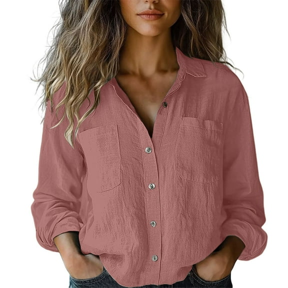 Jxximdong Button Up Shirts Women Cotton Linen Down Shirt Casual Long Sleeve Solid Color Shirts Loose Work Tops With Pockets Red Spring Tops XXXL