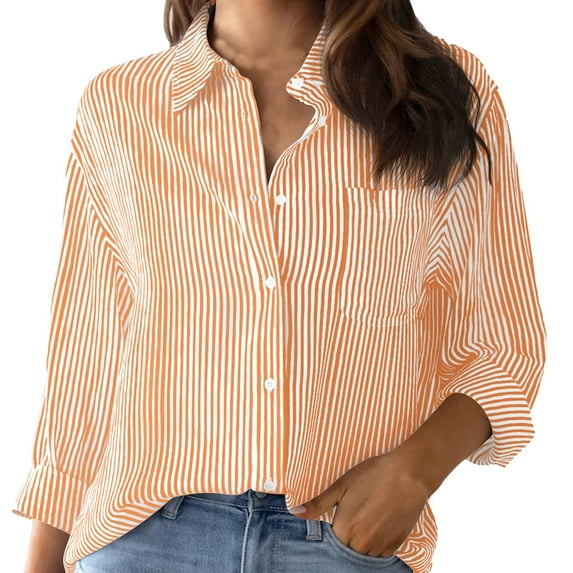 Jxximdong Button Up Shirts Women Cotton Striped Button Down Shirt Oversized Long Sleeve Blouses Dress Shirts Work Tops Orange Spring Tops XL