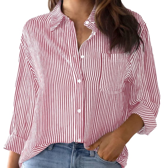 Jxximdong Button Up Shirts Women Cotton Striped Button Down Shirt Oversized Long Sleeve Blouses Dress Shirts Work Tops Red Spring Tops M