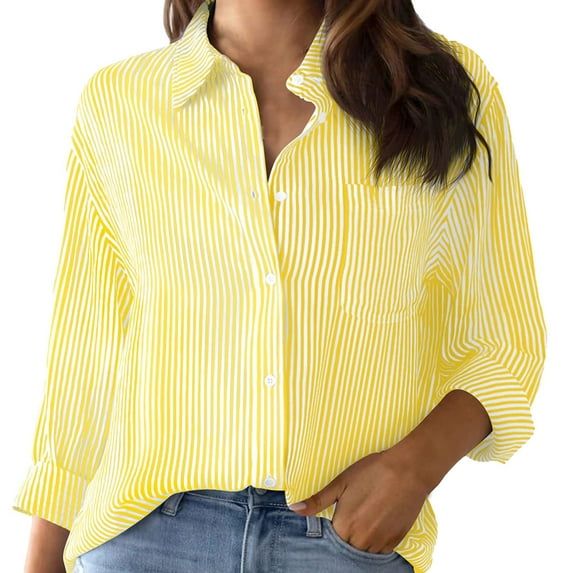Jxximdong Button Up Shirts Women Cotton Striped Button Down Shirt Oversized Long Sleeve Blouses Dress Shirts Work Tops Yellow Spring Tops M