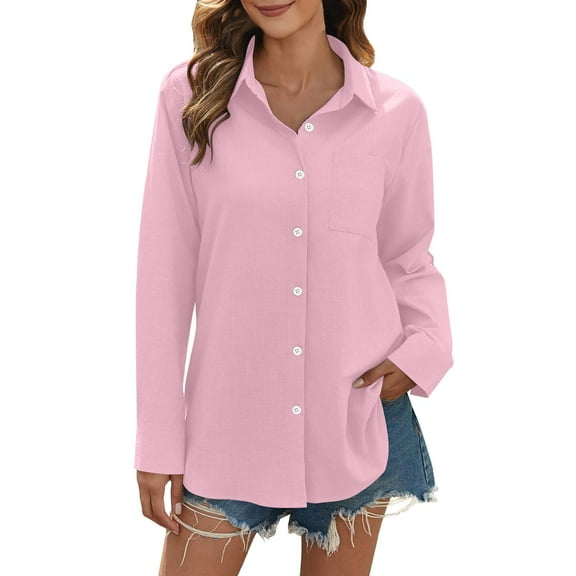 Jxximdong Button Up Shirts Women Daily Casual Linen Button Down Shirts Long Sleeve Collared Blouses Loose Fit Shirt Pink Spring Tops XXL