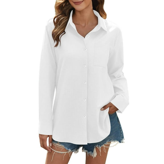 Jxximdong Button Up Shirts Women Daily Casual Linen Button Down Shirts Long Sleeve Collared Blouses Loose Fit Shirt White Spring Tops M