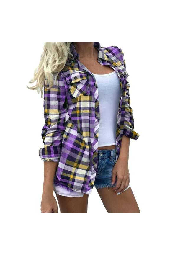 Button Up Shirts Women Fashion Lapel Digital Plaid Printed Multicolor Pocket Long Sleeves Button Cardigan Blouse Purple Spring Tops XXXL