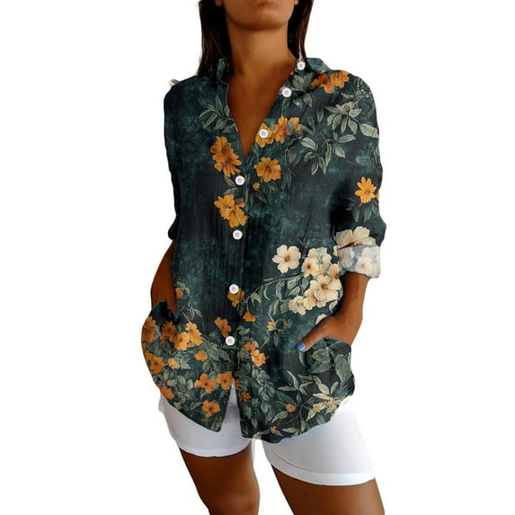 Jxximdong Button Up Shirts Women Long Sleeve Boho Shirts V Neck Vintage Floral Tops Ladies Blouses Casual Graphic Shirt Green Spring Tops M