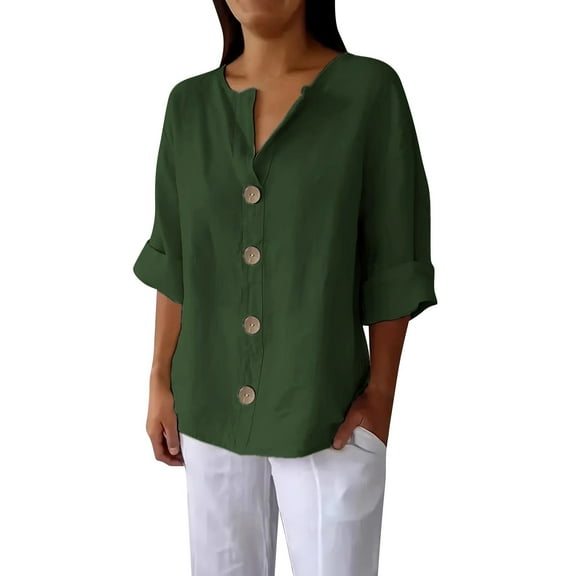 Jxximdong Button Up Shirts Women Long Sleeve Shirt Cotton Linen Button Down V Neck Shirts Casual Loose Outfits Clothes Green Spring Tops XXL