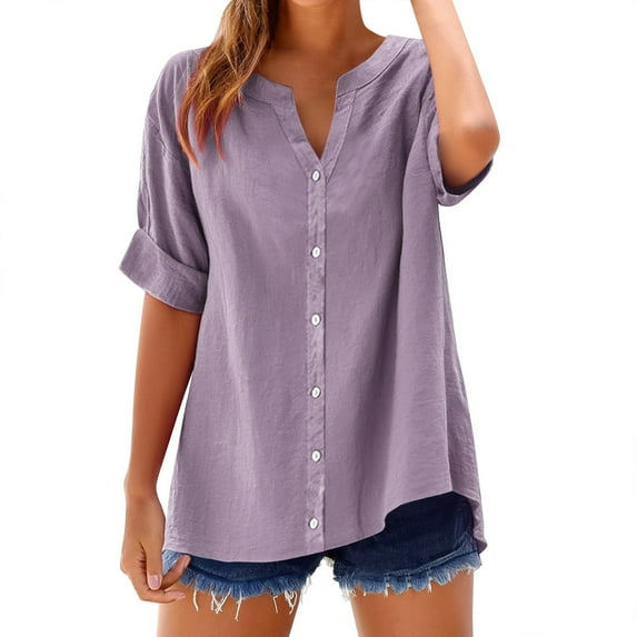 Jxximdong Button Up Shirts Women Loose Shirt Top Stand Solid Color Sleeve Collar Casual Women's Shirt Women's Shirt Purple Spring Tops XL