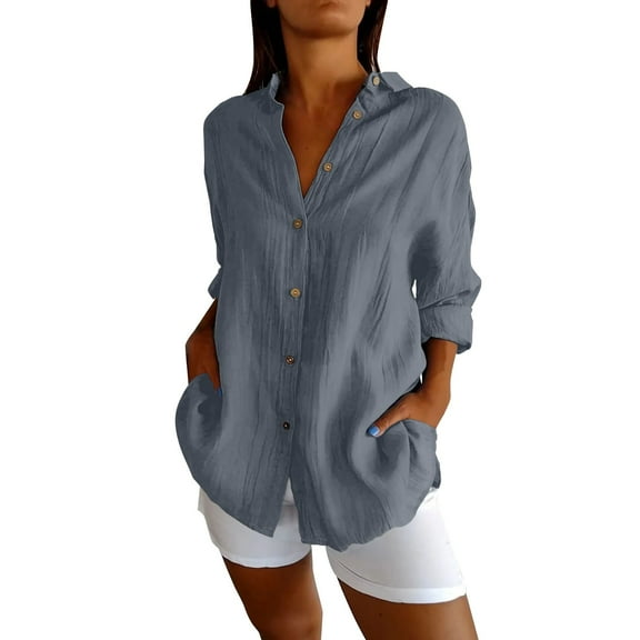 Jxximdong Button Up Shirts Women Single Breasted Pleated Lapel Shirt Independent Station Explosion Solid Color Tops Gray Spring Tops M