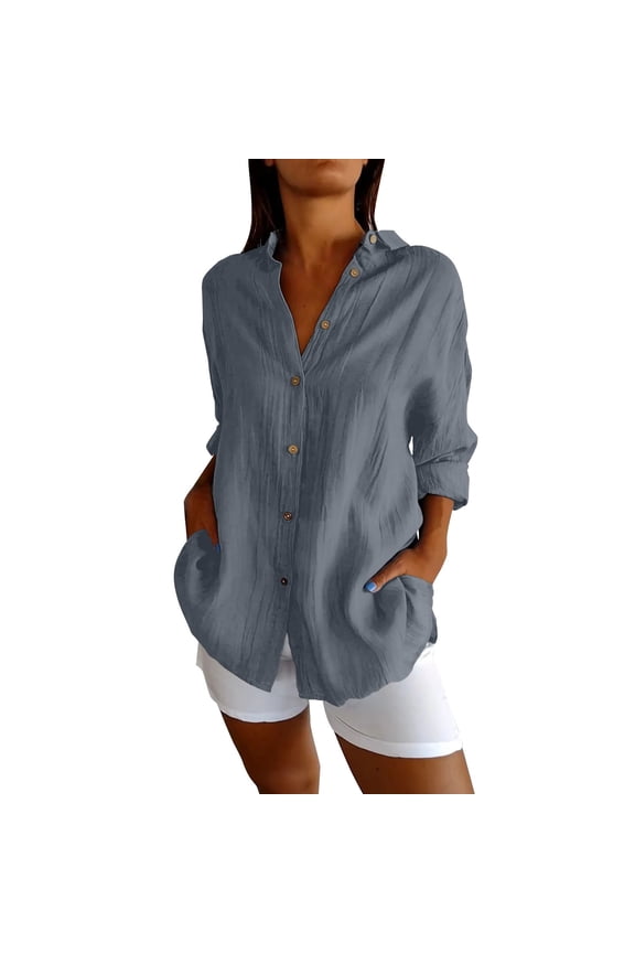 Button Up Shirts Women Single Breasted Pleated Lapel Shirt Independent Station Explosion Solid Color Tops Gray Spring Tops XL
