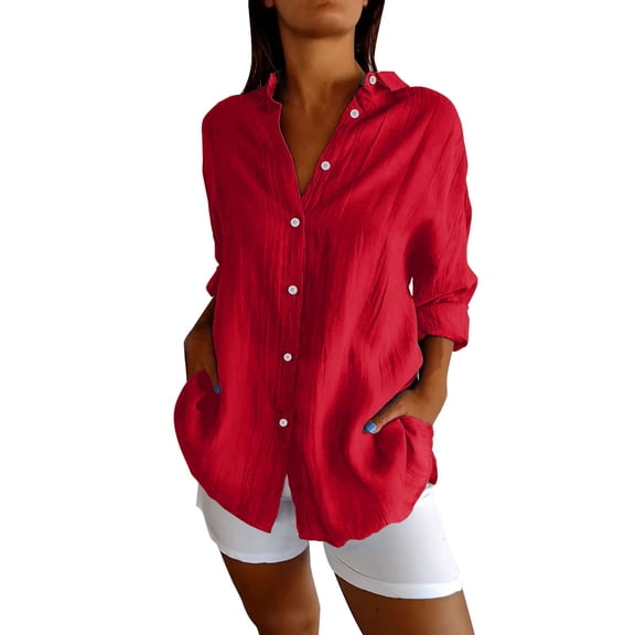 Jxximdong Button Up Shirts Women Single Breasted Pleated Lapel Shirt Independent Station Explosion Solid Color Tops Red Spring Tops L
