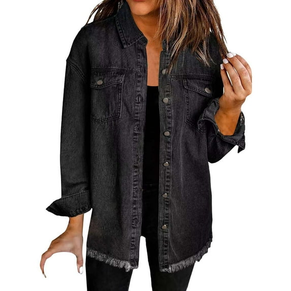 Jxximdong Button Up Shirts Women Washed Denim Shirt Jacket Fashion Casual Hem Women's Jacket Black Spring Tops XL
