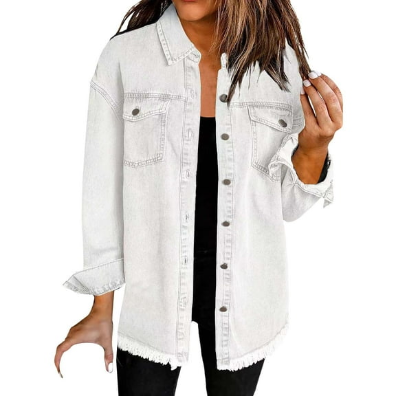 Jxximdong Button Up Shirts Women Washed Denim Shirt Jacket Fashion Casual Hem Women's Jacket White Spring Tops L