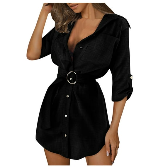 Jxximdong Button Up Shirts Women Women Autum Long Sleeve Mini Dress OL Belt Casual Work Plain Shirt Blouse Tops Black Spring Tops L