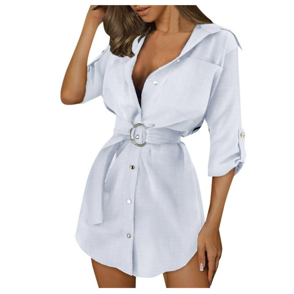 Jxximdong Button Up Shirts Women Women Autum Long Sleeve Mini Dress OL Belt Casual Work Plain Shirt Blouse Tops White Spring Tops XXXL