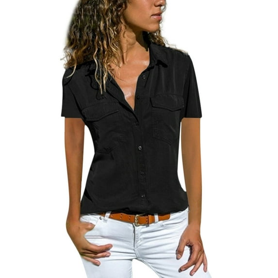 Jxximdong Button Up Shirts Women Women Casual Solid Short Sleeve Turn Down Collar Pockets Buttons Shirt Tops Black Spring Tops L