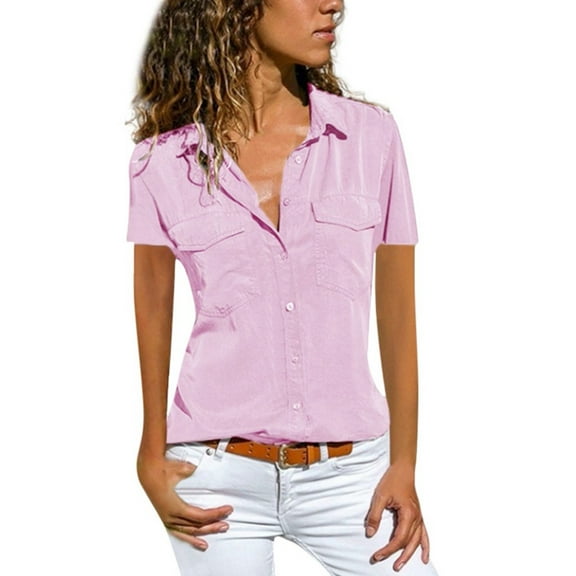 Jxximdong Button Up Shirts Women Women Casual Solid Short Sleeve Turn Down Collar Pockets Buttons Shirt Tops Pink Spring Tops L