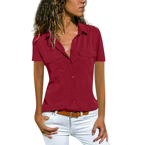 Jxximdong Button Up Shirts Women Women Casual Solid Short Sleeve Turn Down Collar Pockets Buttons Shirt Tops Red Spring Tops M