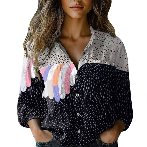 Jxximdong Button Up Shirts Women Women Cotton Shirt Printed Fashion Button Down Shirts Casual Tops Long Sleeve Blouse Black Spring Tops L