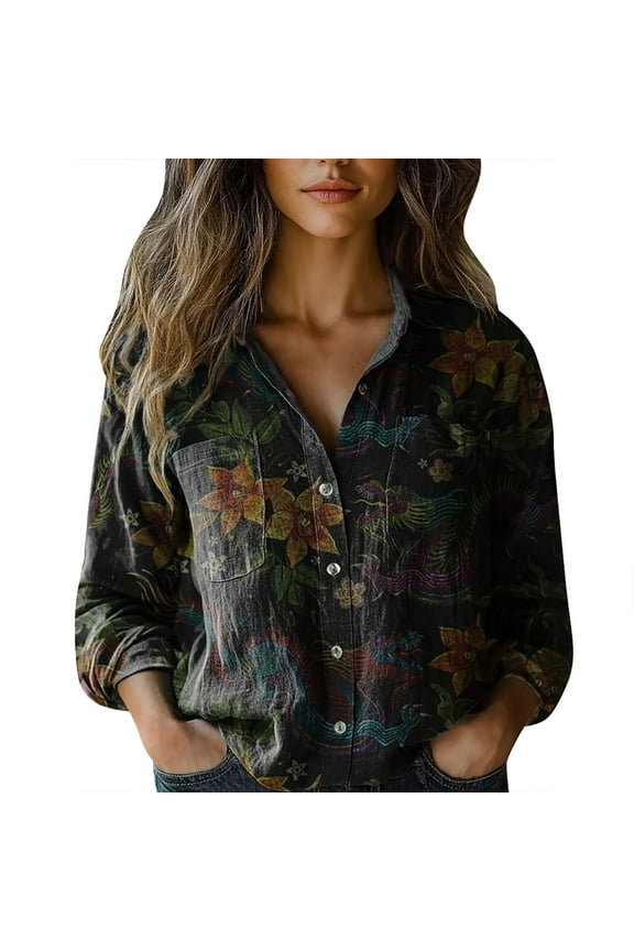 Button Up Shirts Women Women Cotton Shirt Printed Fashion Button Down Shirts Casual Tops Long Sleeve Blouse Black Spring Tops S