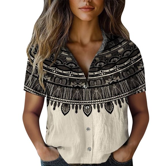 Jxximdong Button Up Shirts Women Women Cotton Shirt Printed Fashion Down Shirts Casual Tops Short Sleeve Blouse Beige Spring Tops XXXXL