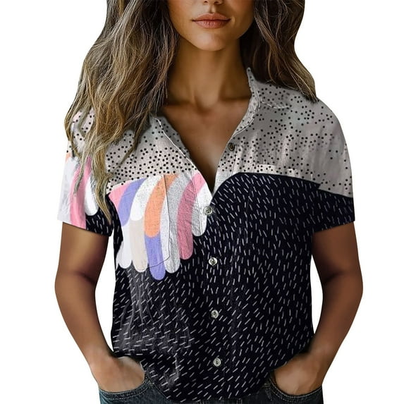 Jxximdong Button Up Shirts Women Women Cotton Shirt Printed Fashion Down Shirts Casual Tops Short Sleeve Blouse Black Spring Tops L