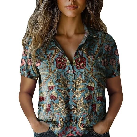Jxximdong Button Up Shirts Women Women Cotton Shirt Printed Fashion Down Shirts Casual Tops Short Sleeve Blouse Blue Spring Tops S