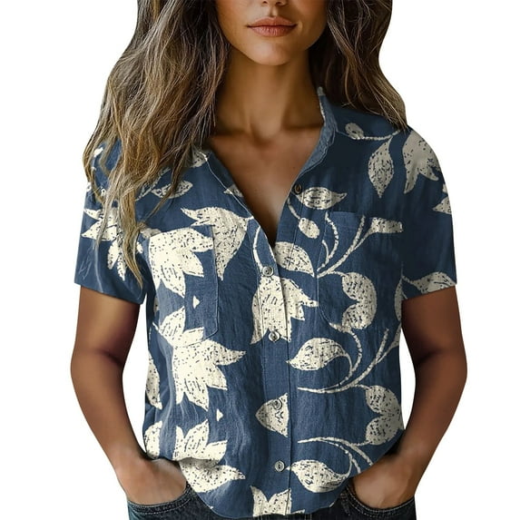Jxximdong Button Up Shirts Women Women Cotton Shirt Printed Fashion Down Shirts Casual Tops Short Sleeve Blouse Blue Spring Tops XL
