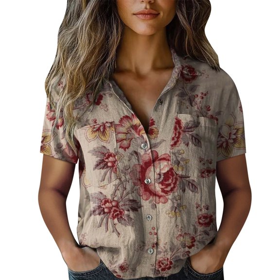 Jxximdong Button Up Shirts Women Women Cotton Shirt Printed Fashion Down Shirts Casual Tops Short Sleeve Blouse Yellow Spring Tops XXXXXL