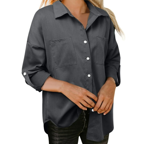 Jxximdong Button Up Shirts Women Women Fashion Loose Denim Shirt Pocket Long Sleeve Casual Shirt Solid Color Shirt Tops Coat Black Spring Tops L