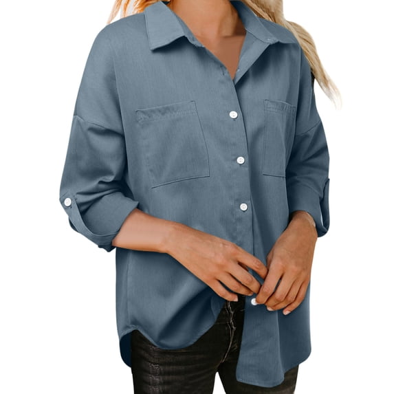 Jxximdong Button Up Shirts Women Women Fashion Loose Denim Shirt Pocket Long Sleeve Casual Shirt Solid Color Shirt Tops Coat Blue Spring Tops XXL