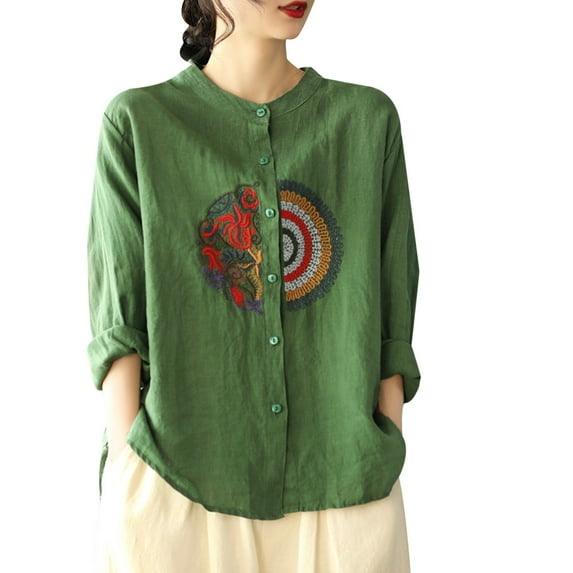 Jxximdong Button Up Shirts Women Women's Casual Large Size Literary Cotton Long Sleeved Shirt Loose Embroidered Top Green Spring Tops XXXL
