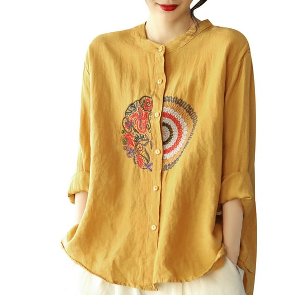 Jxximdong Button Up Shirts Women Women's Casual Large Size Literary Cotton Long Sleeved Shirt Loose Embroidered Top Yellow Spring Tops XXXL