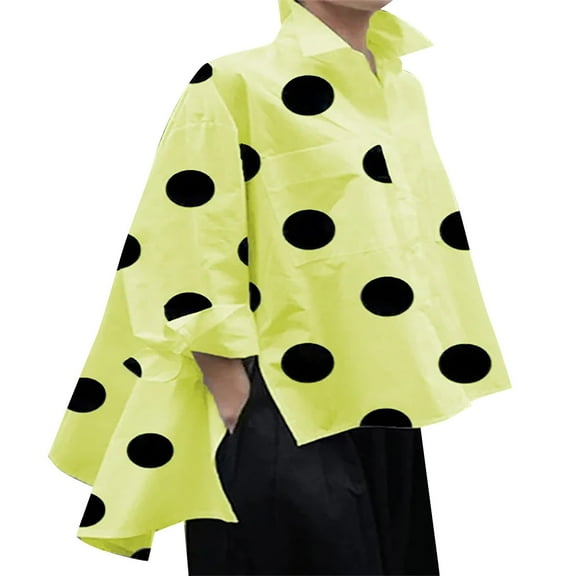 Jxximdong Button Up Shirts Women Women's Long Sleeved Polka Dot Printed Chiffon Temperament Lapel Shirt Yellow Spring Tops L