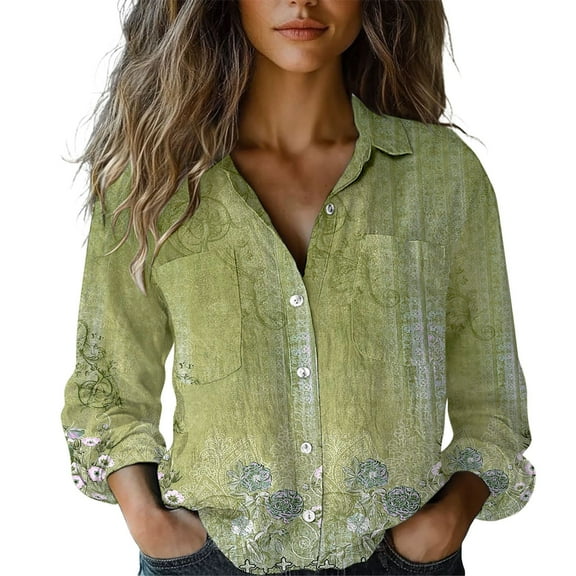 Jxximdong Button Up Shirts Women Women's Long Sleeved Printed Button Down Shirt Green Spring Tops L