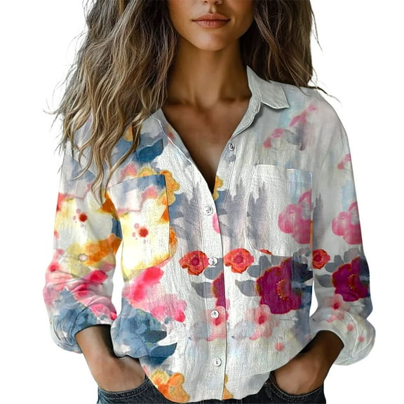 Jxximdong Button Up Shirts Women Women's Long Sleeved Printed Button Down Shirt White Spring Tops XL