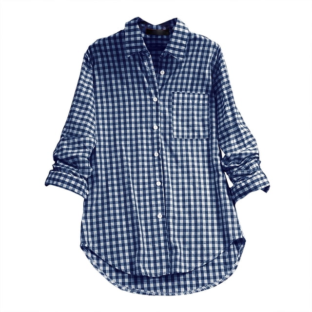 Jxximdong Button Up Shirts Women Women's Plaid Lapel Long Sleeve Vintage Shirt Top Blue Spring Tops XXXXL