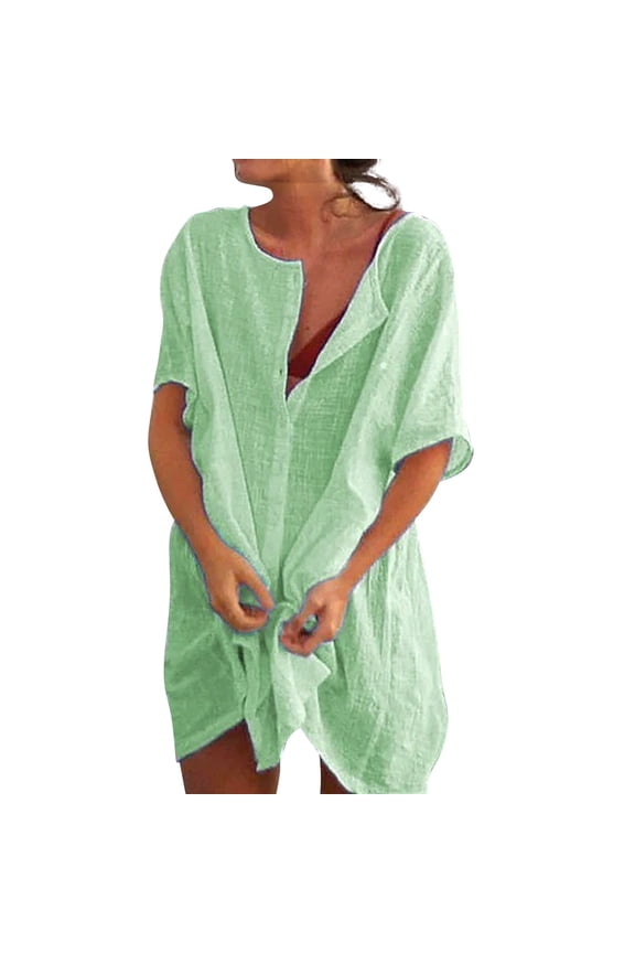 Button Up Shirts Women Women's Summer Mid Length Loose Solid Color Short Sleeved Chiffon Shirt Green Spring Tops M