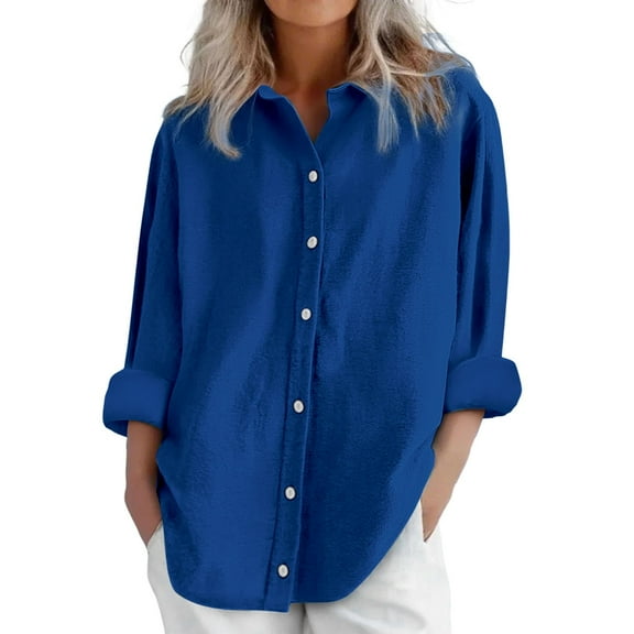 Jxximdong Button Up Shirts Women Womens Daily Casual Linen Shirts Long Sleeve Shirts Tops Casual Blouses Loose Fit Shirt Blue Spring Tops XXXXL