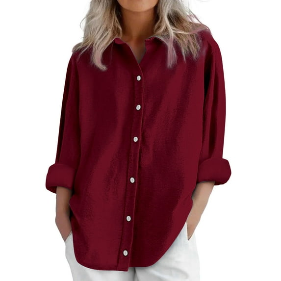 Jxximdong Button Up Shirts Women Womens Daily Casual Linen Shirts Long Sleeve Shirts Tops Casual Blouses Loose Fit Shirt Red Spring Tops XXL