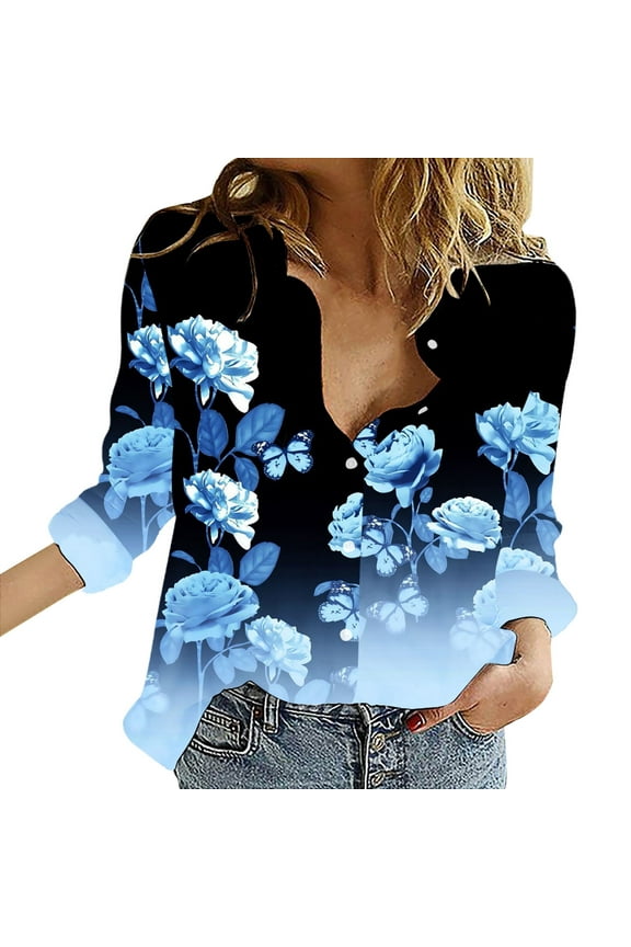 Button Up Shirts Women Womens V Neck Roll Up Sleeve Down Blouses Tops Blue Spring Tops XL